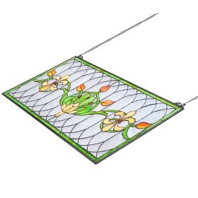 Stained Glass Window Panel, 32 x 17 in, Tiffany Style Hanging Transom Window Panel with Chain, Large Horizontal Rectangle Stain Glass