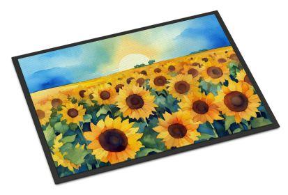 NEW Kansas Sunflowers in Watercolor Doormat Front Door Mat Indoor Outdoor Rugs for Entryway, Non Slip Washable Low Pile, 18H X 27W